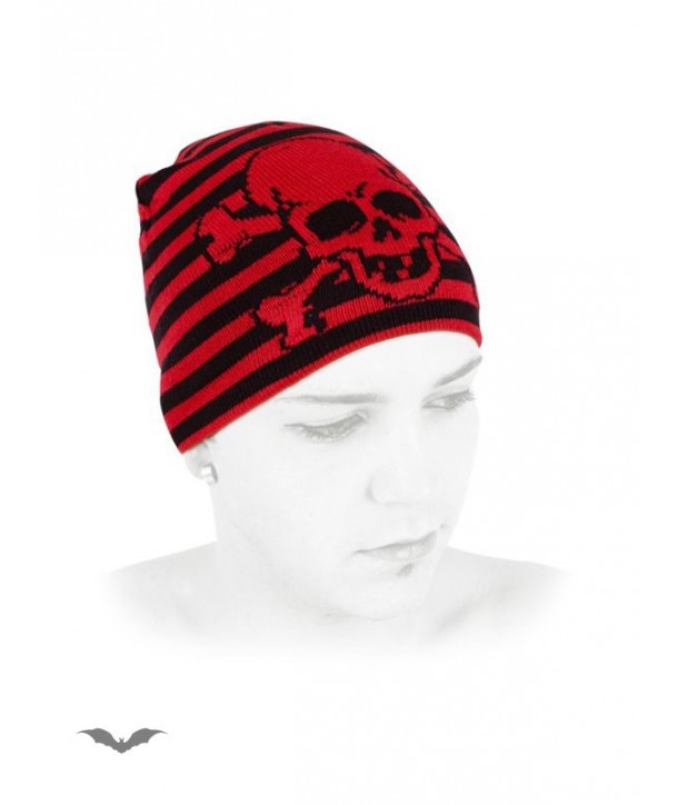Bonnet Queen Of Darkness Gothique Red / Black Striped Beanie With Skull