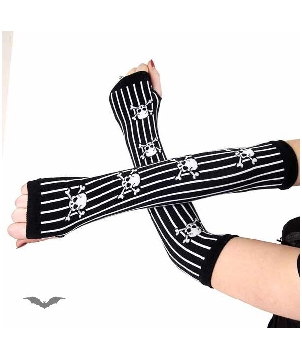 Gants Queen Of Darkness Gothique Arm Warmers With White Stripes & Skulls