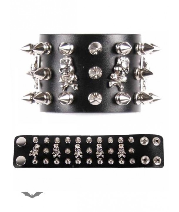 Bracelet Queen Of Darkness Gothique Black Bracelet With 2 Rows Studs & Skull