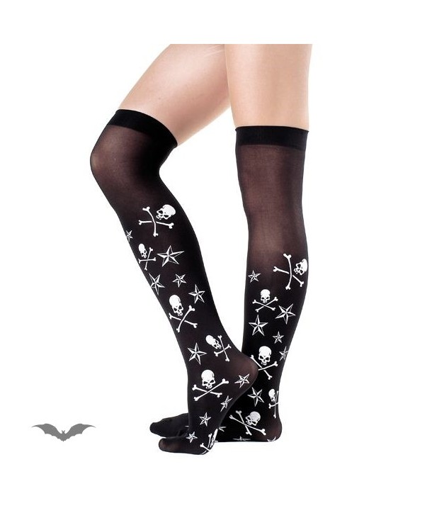 Chaussettes Queen Of Darkness Gothique Sheer Knee Socks, White Skulls, X-Bones