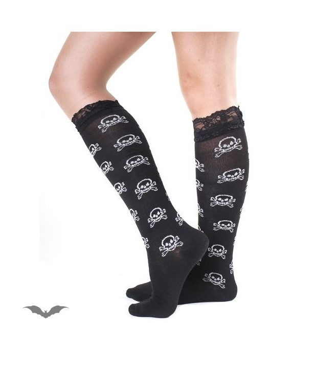 Chaussettes Queen Of Darkness Gothique Sheer Black Socks With White Skulls