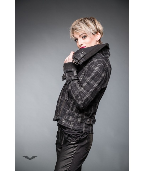 Veste Queen Of Darkness Gothique Black & Grey Tartan Jacket With Buckles