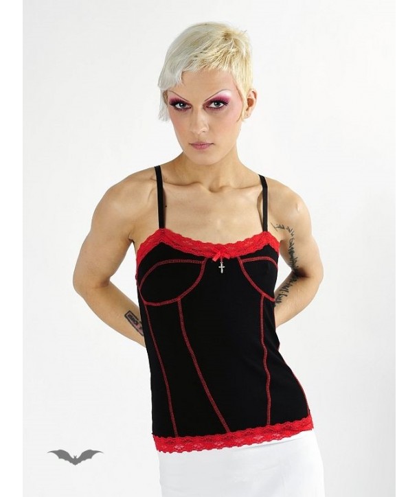 Top Queen Of Darkness Gothique Black Spaghetti Top With Red Stitching