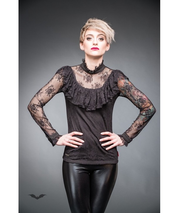 Top Queen Of Darkness Gothique Turtleneck Shirt With Ruching And Lace