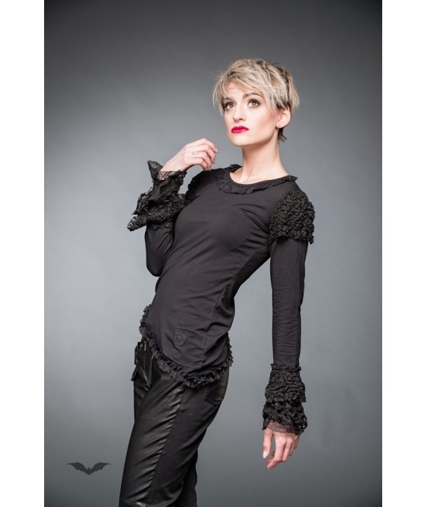 Top Queen Of Darkness Gothique Black Shirt With Lace On Arms And Hem