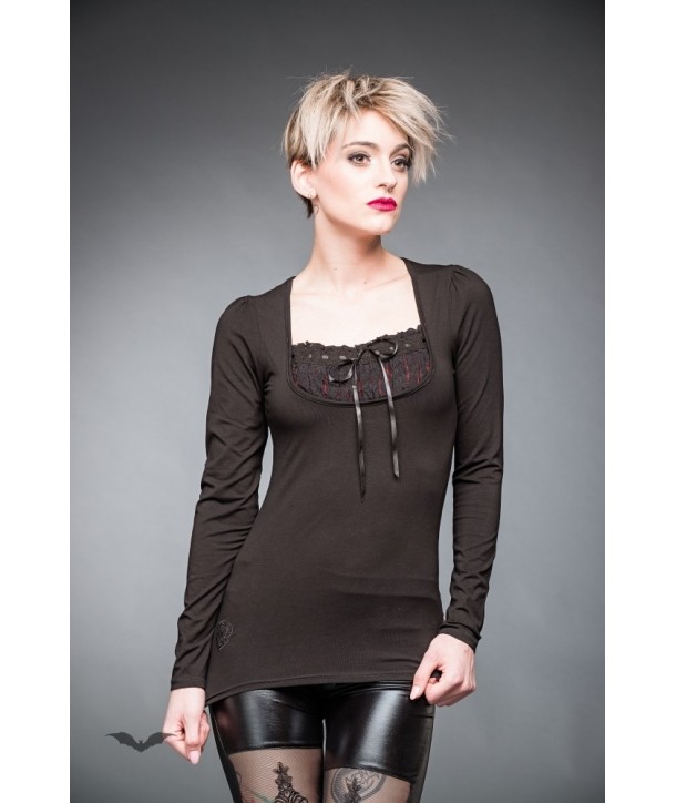 Top Queen Of Darkness Gothique Black Shirt With Red Layered Lace