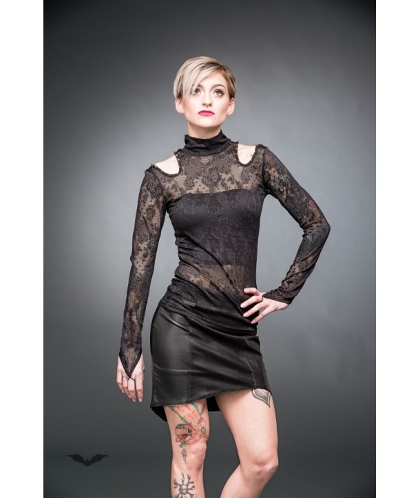Top Queen Of Darkness Gothique Turtleneck Lace Shirt With Cut-Out Shoul