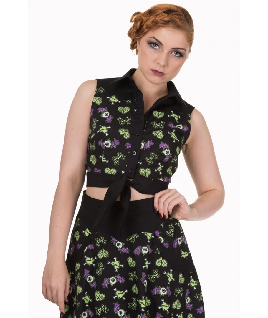 Chemise Banned Clothing MIDNIGHT HOUR CROPPED SHIRT Noir/Vert Retro Rockabilly vintage