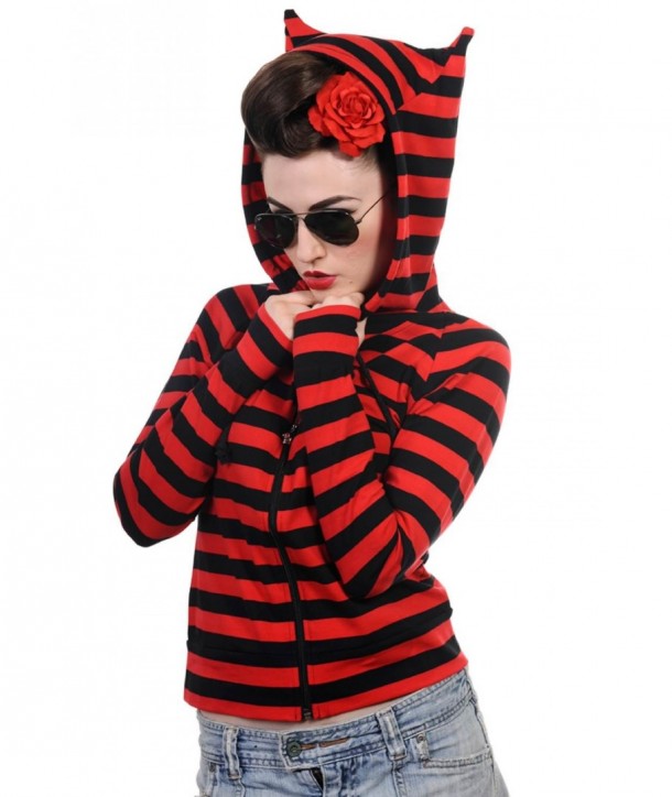 Sweatshirt Banned Clothing Cat Ears Striped Hoodie Noir/Rouge