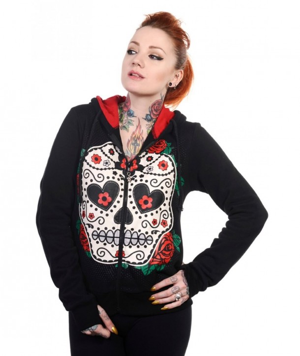 Sweatshirt Banned Clothing Sugar Skull Rouge Roses Hoodie Noir