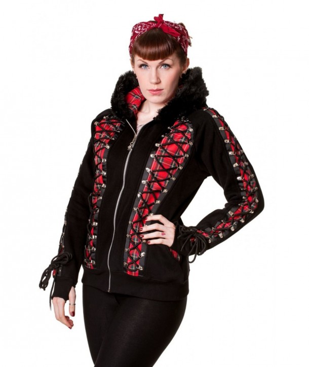 Veste Banned Clothing Rouge Tartan Corset Noir Hoodie Noir