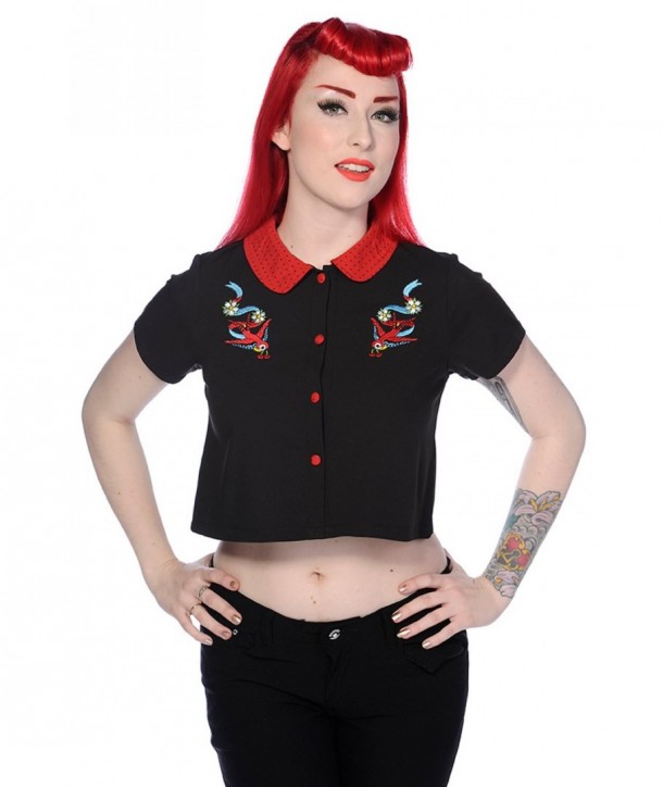 Top Banned Clothing Rouge Swallows Noir Short Shirt Noir