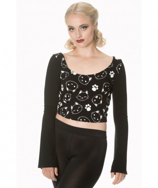 Top Banned Clothing Purrrrfect Kitty Flare Sleeve Top Noir