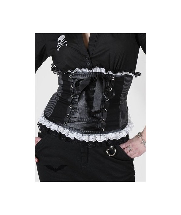 Top Queen Of Darkness Gothique Pinstriped Girdle With White Lace