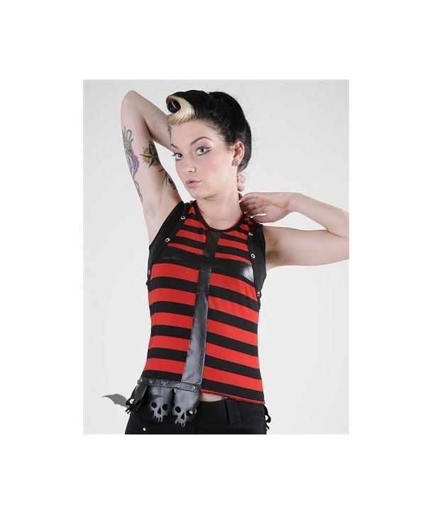 Top Queen Of Darkness Gothique Black/Red Striped Top With Latex Cross