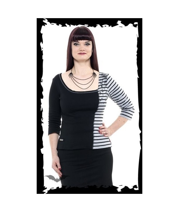 Top Queen Of Darkness Gothique Black And Grey Shirt With Stripes