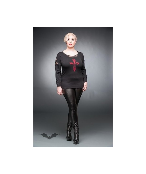 Top Queen Of Darkness Gothique Black Shirt With Cross And Lace