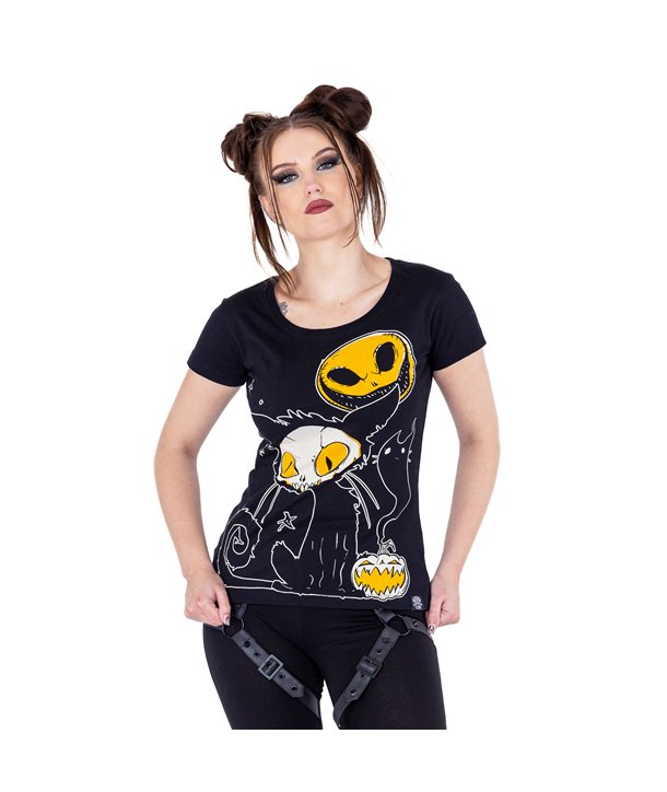 Tee Shirts Femme SPOOKY CAT T Noir / Orange
