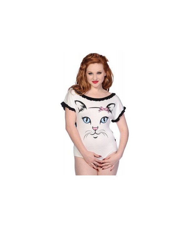 Body Banned Clothing Blanc Cat Face Bodysuit Blanc
